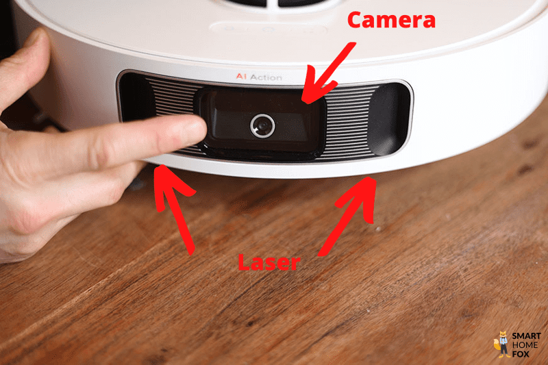 The RGB camera and cross laser of the Dreame L10s Ultra can be seen in the front view.